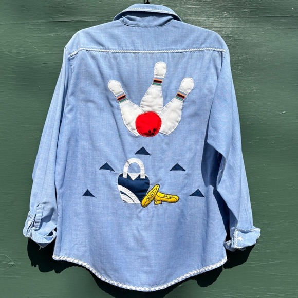 Cottage Krafts Tops - Vintage Cottage Krafts Bowling Shirt Blue Rickrack Applique Retro 1950s Womens L